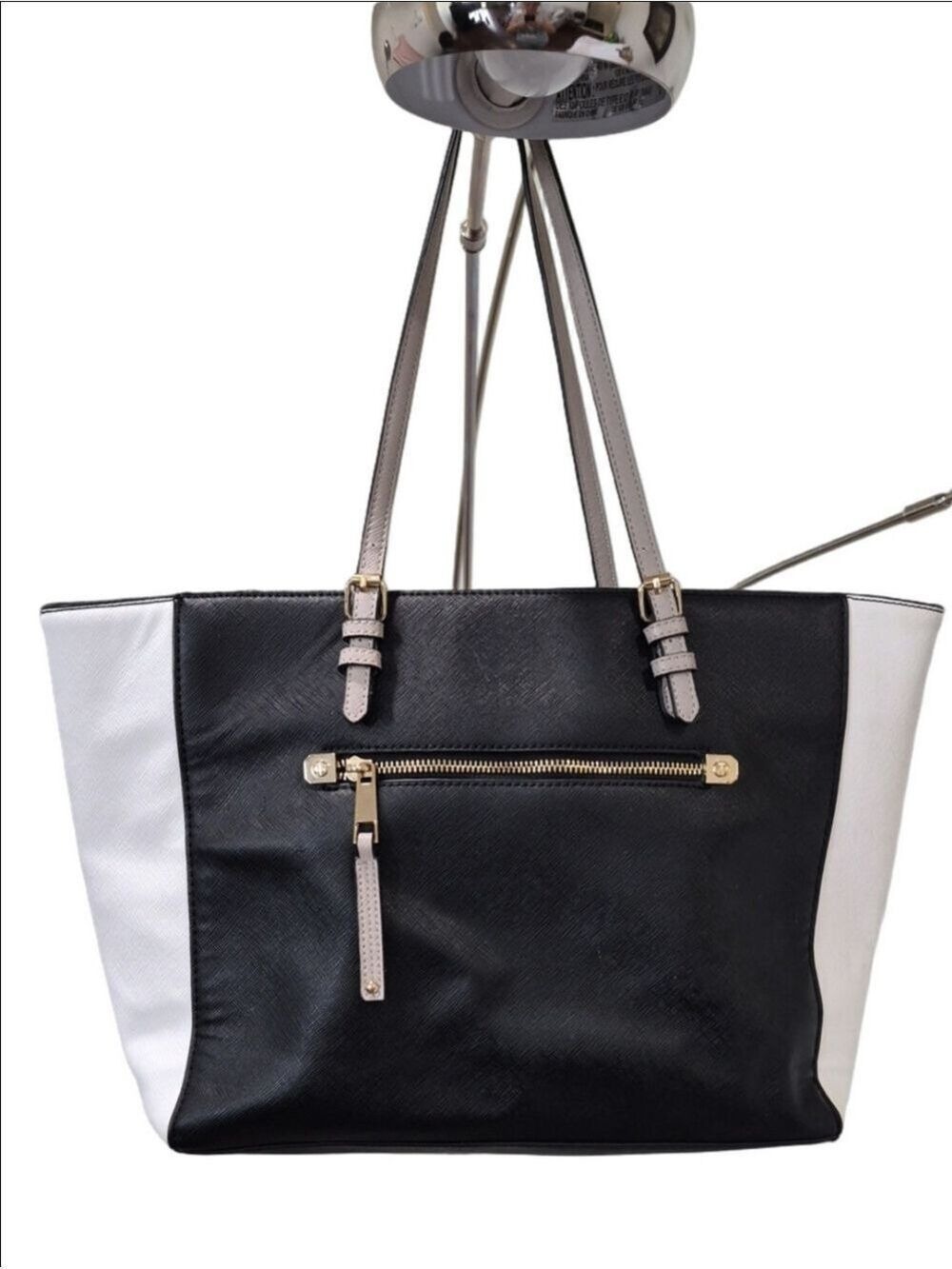 Classic Black and White Tote with Taupe Handles